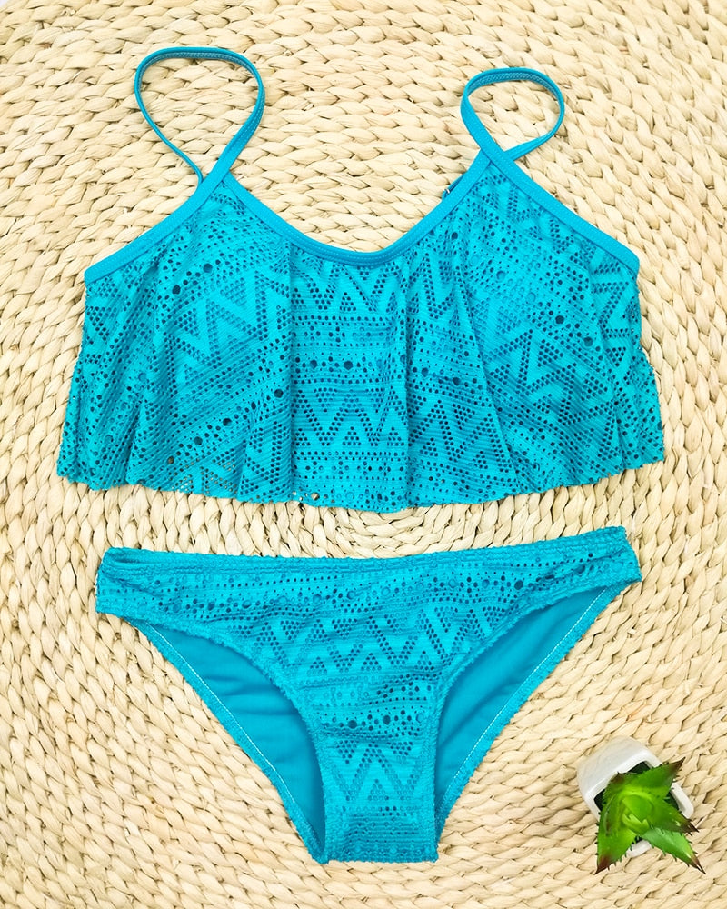 Solid Color Bikini Set / Sexy Push Up bikini- Sexy Low Waist Beach Swimwear Women Lace Up Flounce Summer Brazilian Swimsuit