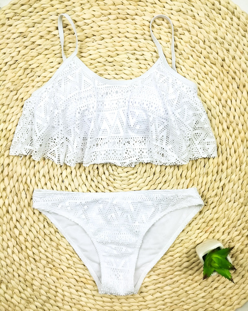 Solid Color Bikini Set / Sexy Push Up bikini- Sexy Low Waist Beach Swimwear Women Lace Up Flounce Summer Brazilian Swimsuit